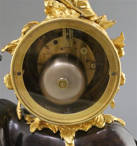 A late 19th century French bronze and ormolu mantel clock, height 17in.